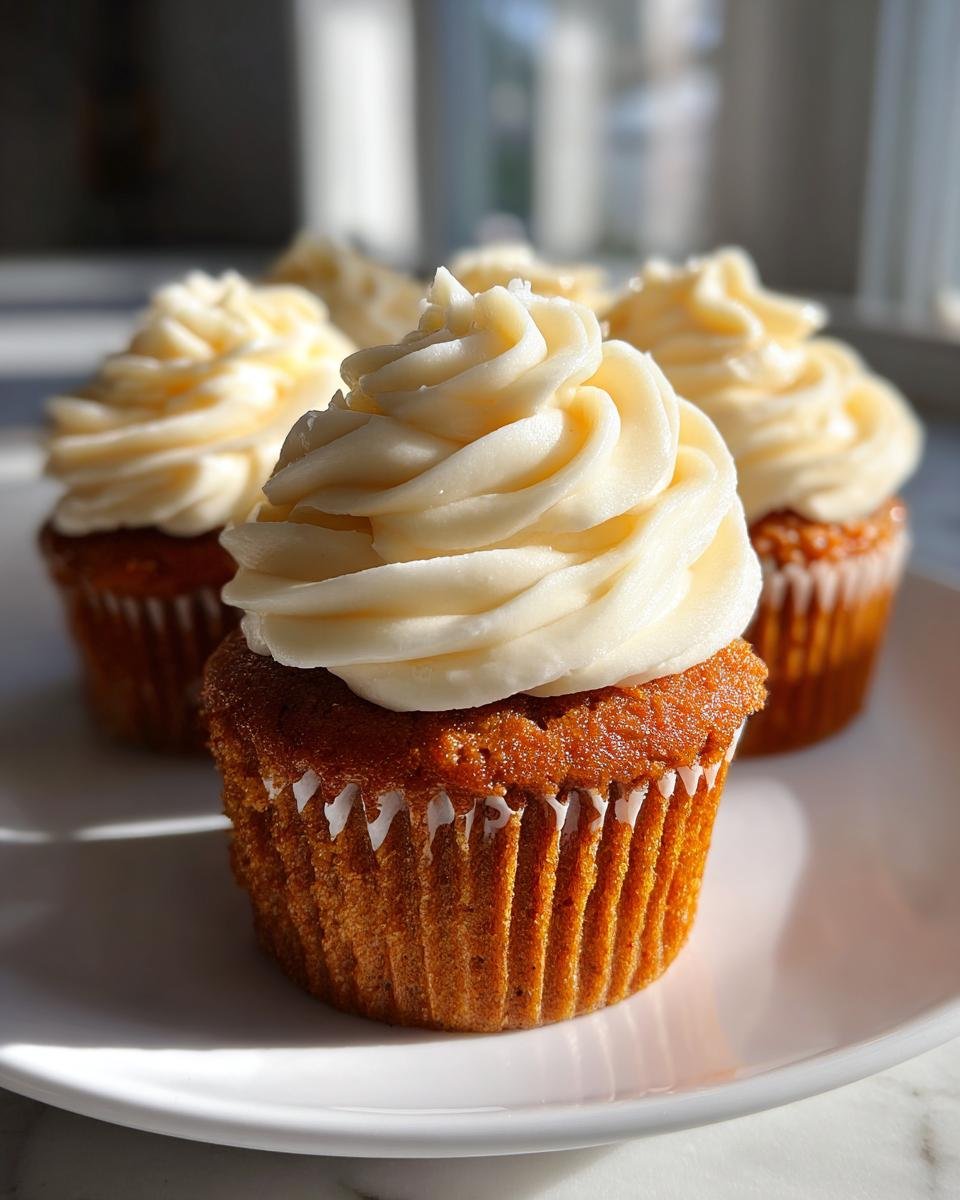 A close-up of a perfectly frosted Pumpkin Chai Spiced Cupcakes sitting on a white plate, with others blurred in the background.
