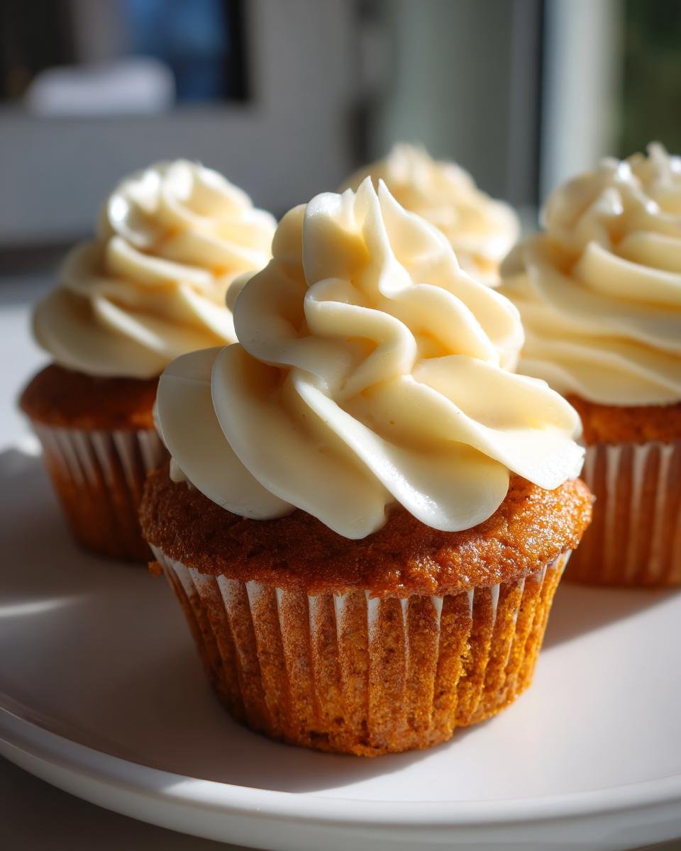 A close-up of a freshly baked Pumpkin Chai Spiced Cupcake topped with a swirl of cream cheese frosting.