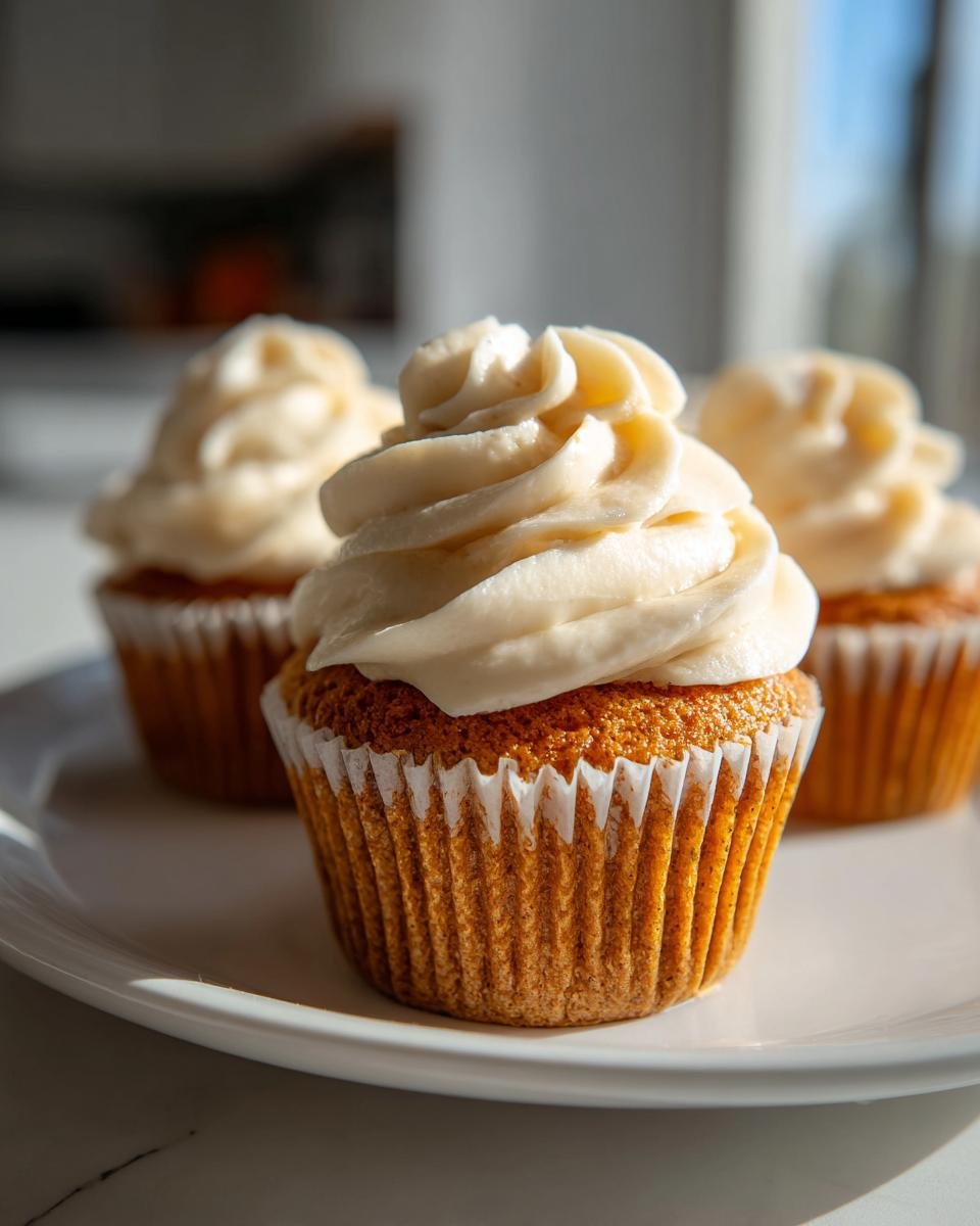 Three Pumpkin Chai Spiced Cupcakes with thick swirls of cream cheese frosting on a white plate.