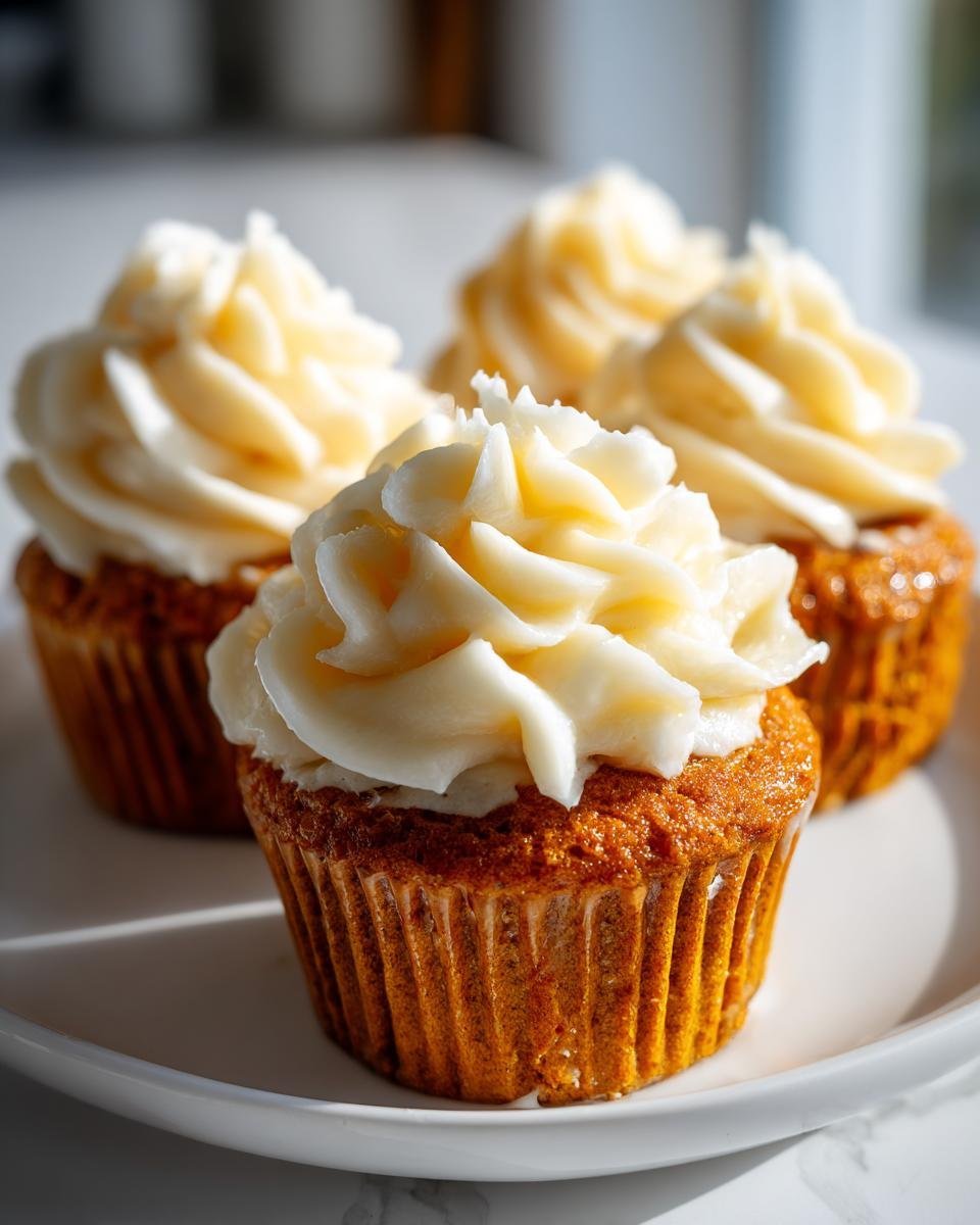 Three Pumpkin Chai Spiced Cupcakes topped with thick swirls of cream cheese frosting on a white plate.
