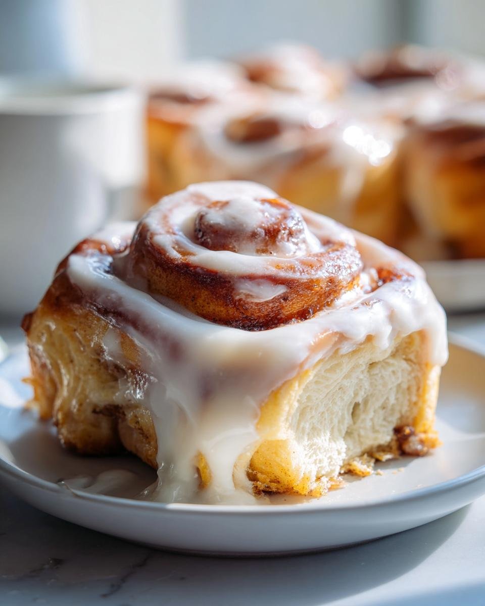 A single, fluffy Pumpkin Cheesecake Cinnamon Roll generously topped with white cream cheese icing, sitting on a small white plate.
