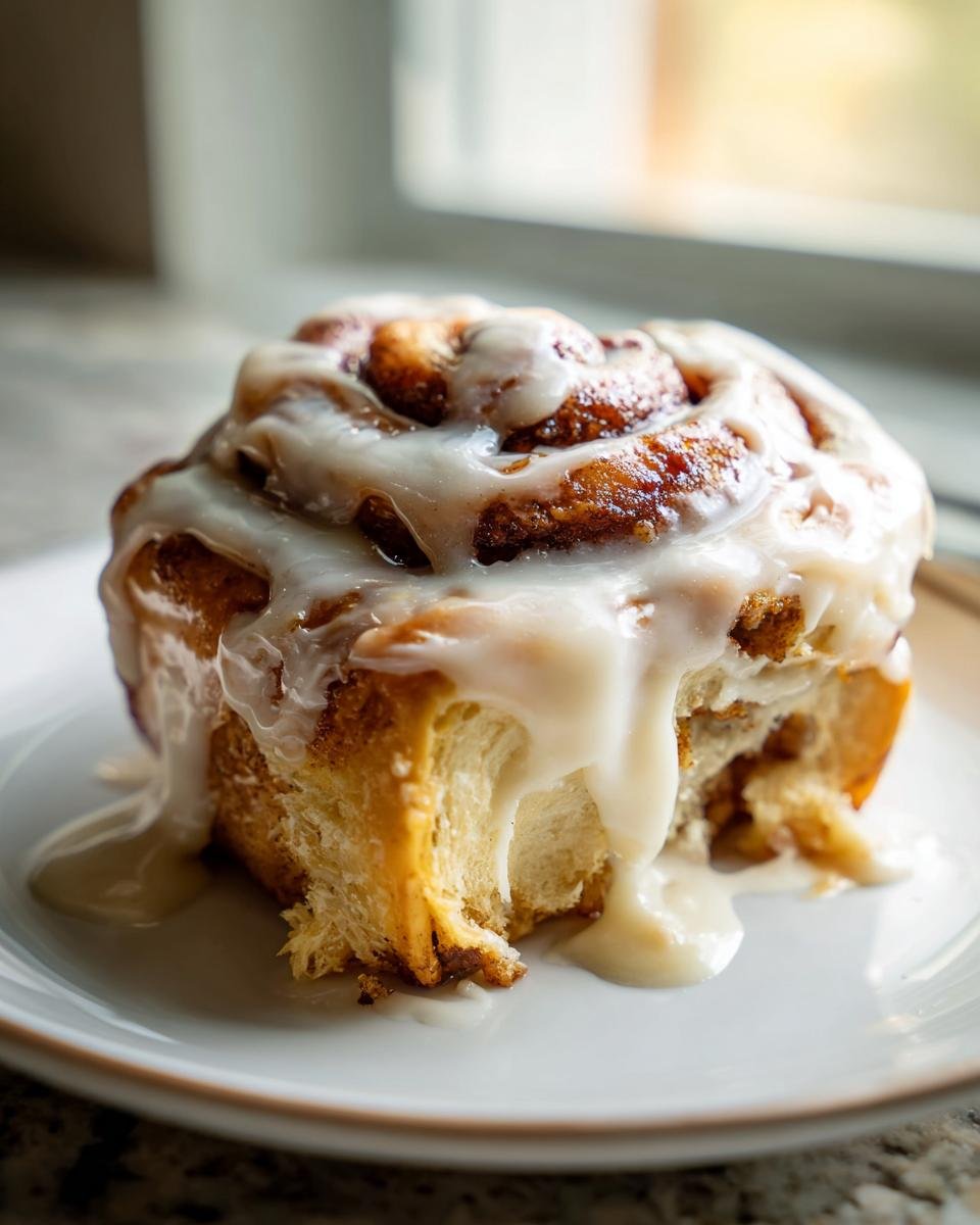 A single, fluffy Pumpkin Cheesecake Cinnamon Roll generously topped with dripping cream cheese icing.