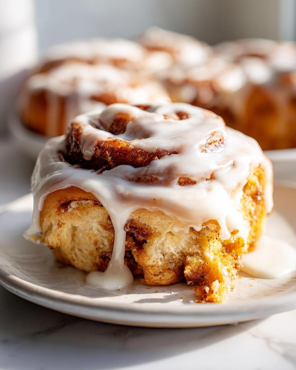 Close-up of a soft, gooey Pumpkin Cheesecake Cinnamon Roll dripping with white icing.