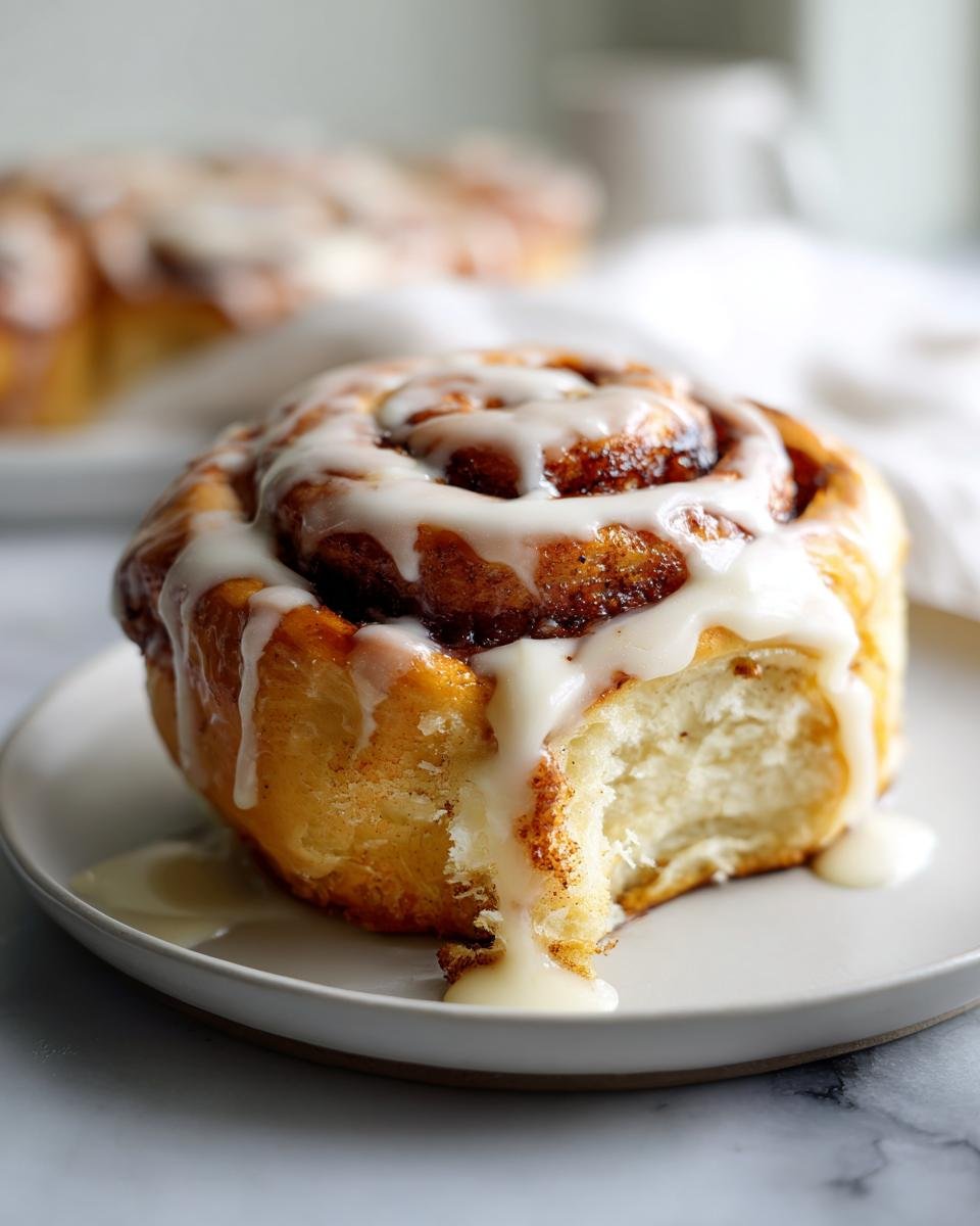 A close-up of a single, fluffy Pumpkin Cheesecake Cinnamon Roll drizzled heavily with white icing on a small white plate.