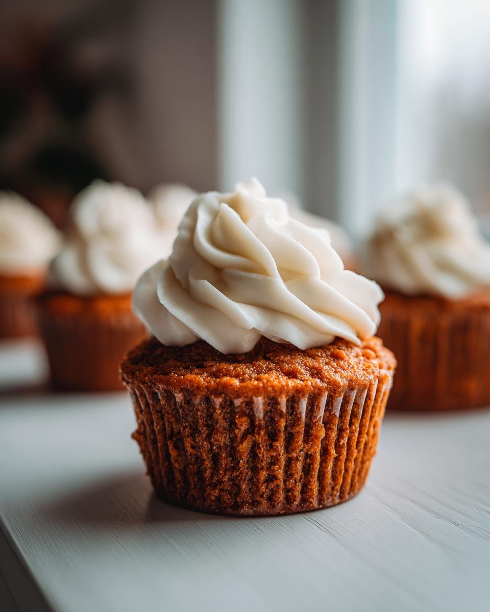 A close-up of one Pumpkin Cheesecake Cupcakes topped with a swirl of white cream cheese frosting, with more in the background.