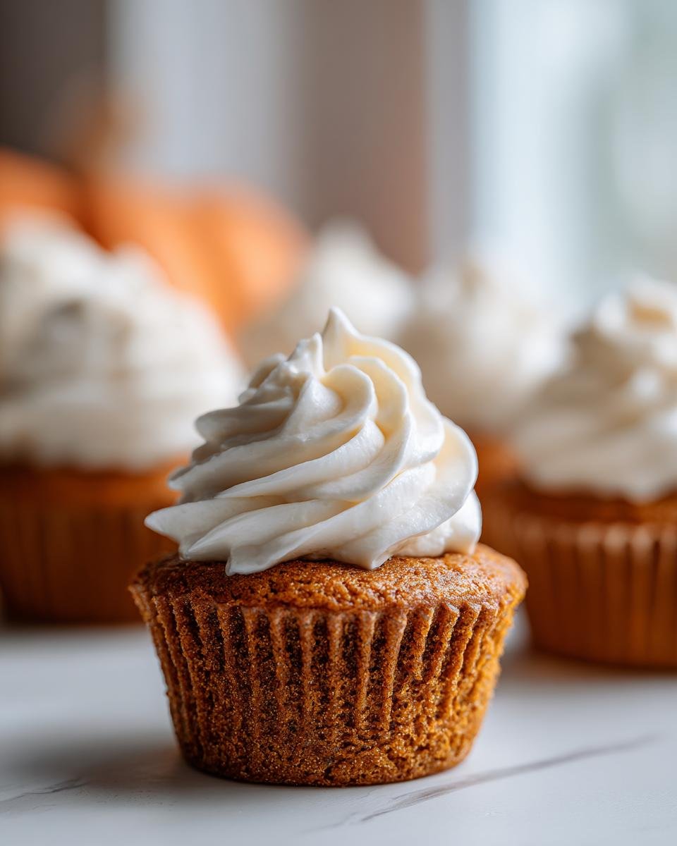 A single, perfectly baked Pumpkin Cheesecake Cupcakes in the foreground with a tall swirl of white cream cheese frosting.