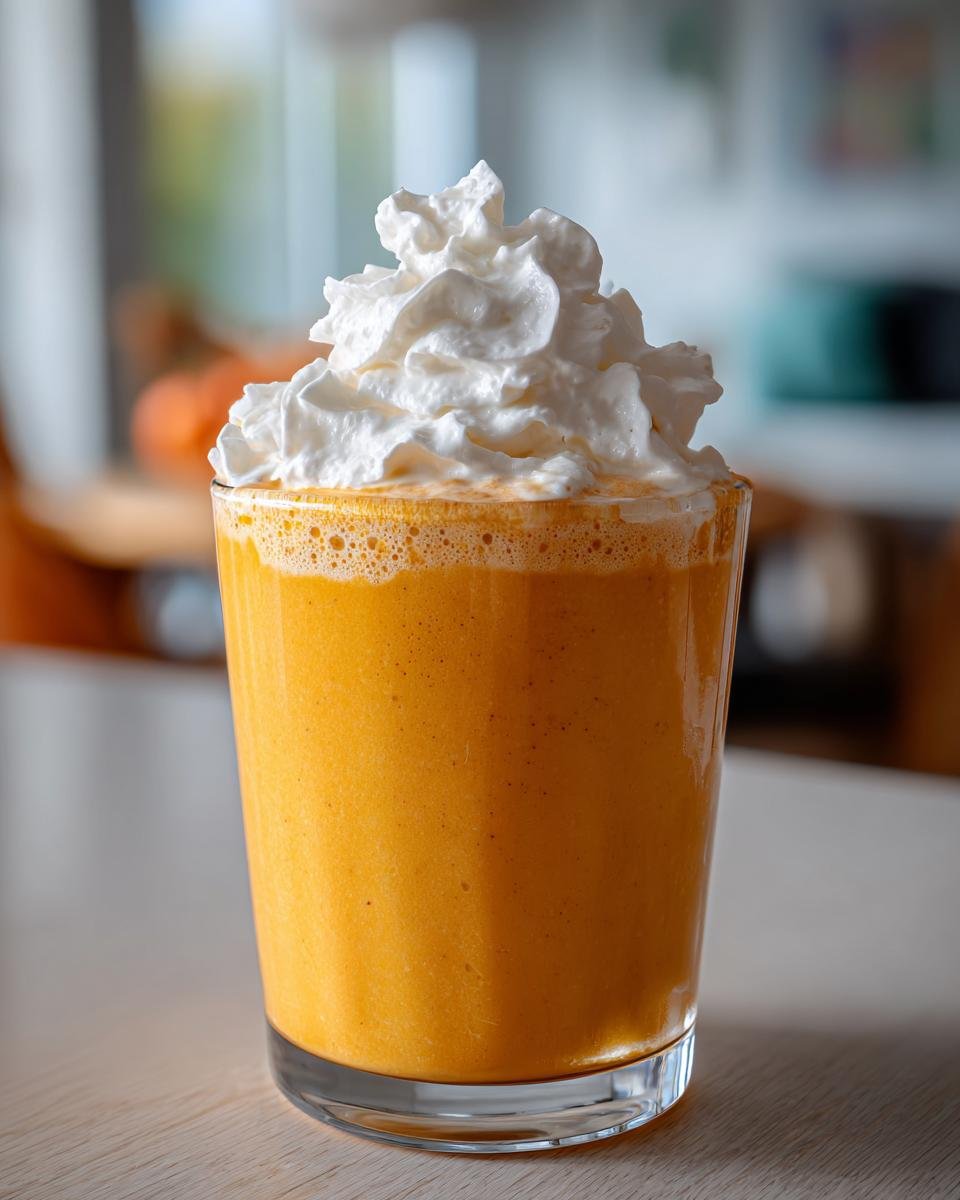 A tall glass filled with a thick, orange Pumpkin Cheesecake Milkshake topped high with whipped cream.