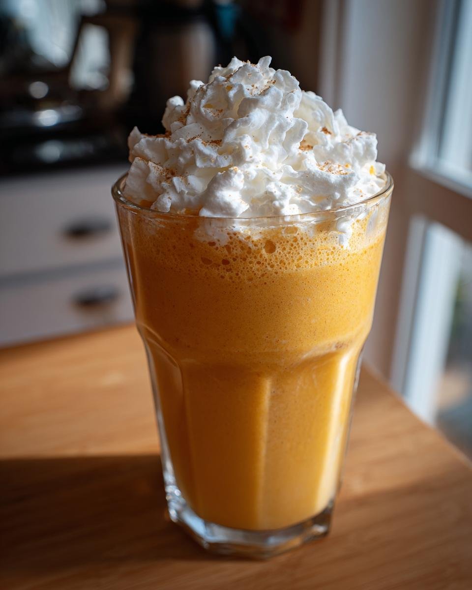 A tall glass filled with a thick, orange Pumpkin Cheesecake Milkshake, topped high with whipped cream and a sprinkle of spice.