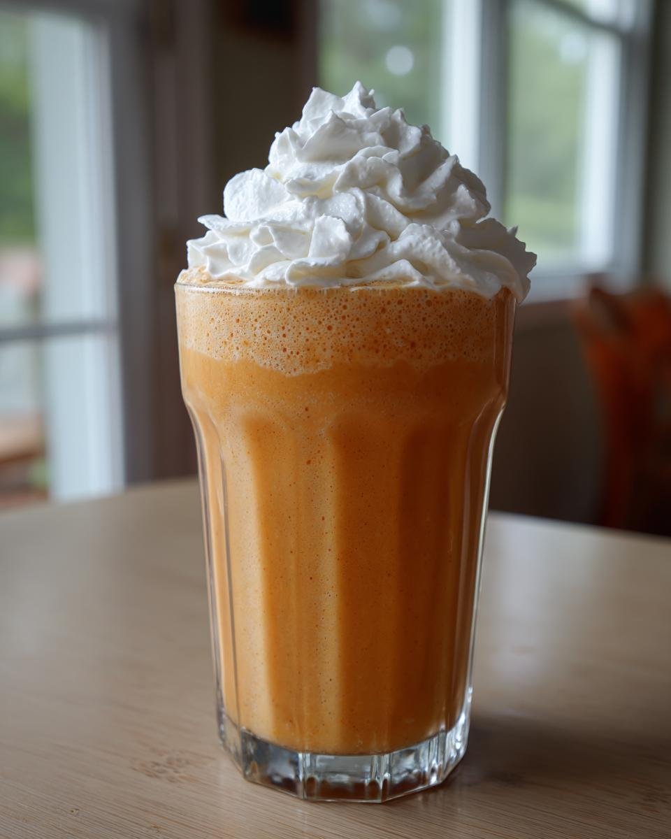 A tall glass filled with a thick, orange Pumpkin Cheesecake Milkshake, topped high with whipped cream.