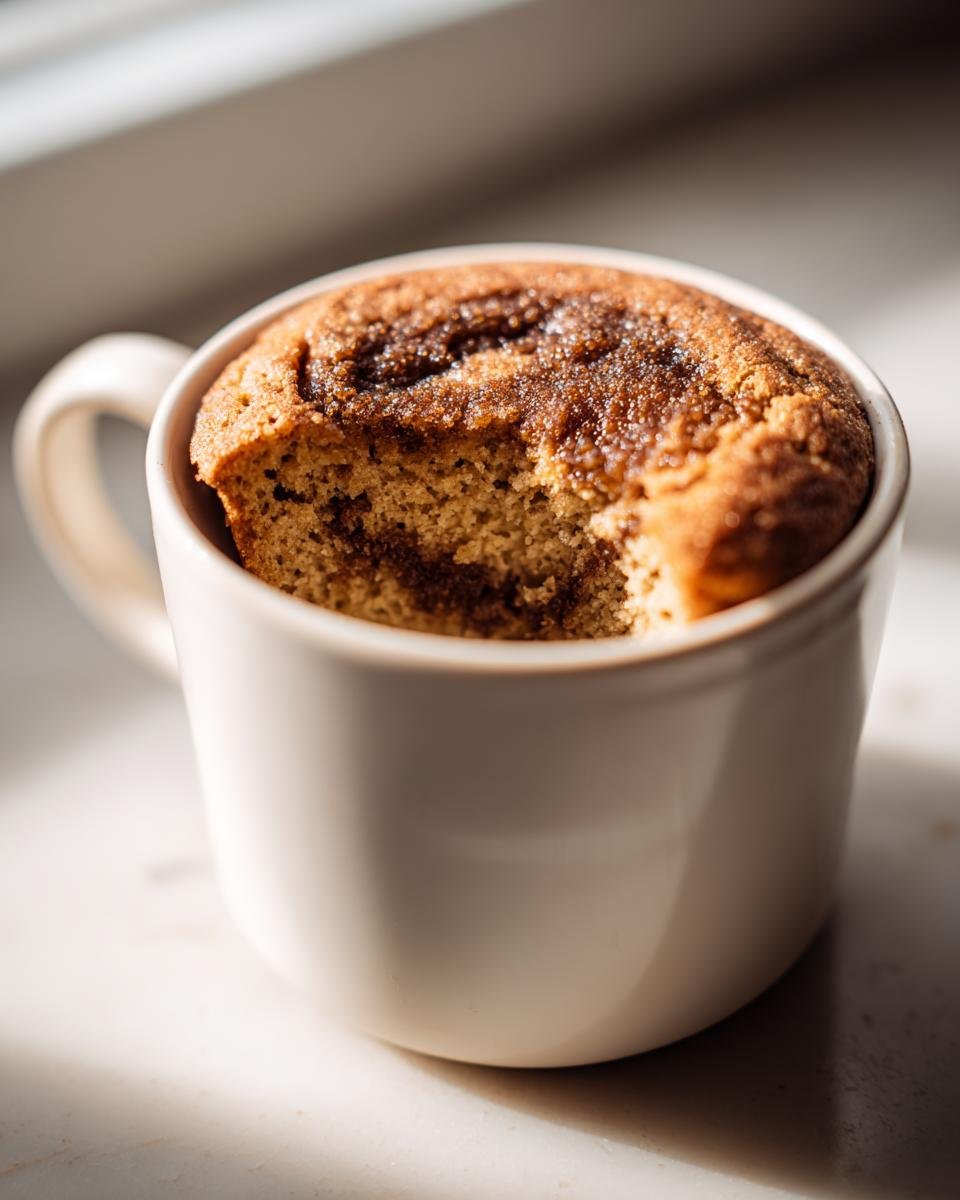 Close-up of a Pumpkin Cinnamon Roll Mug Cake with a bite taken out, showing the swirl inside.