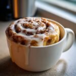 A close-up of a rich Pumpkin Cinnamon Roll Mug Cake topped with thick, white icing dripping down the sides.
