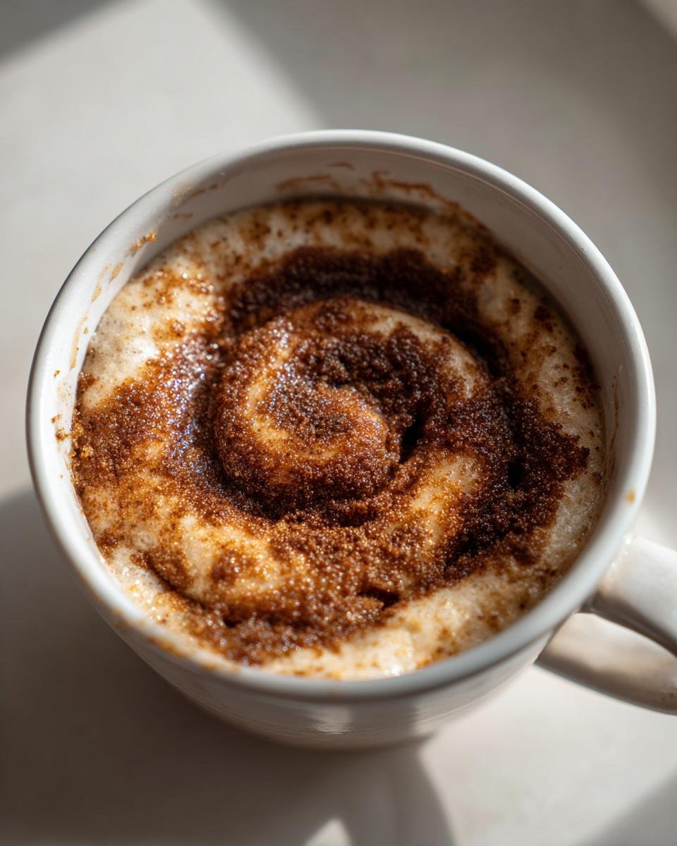 Close-up of a freshly baked Pumpkin Cinnamon Roll Mug Cake topped with a rich, swirled brown sugar and cinnamon mixture.