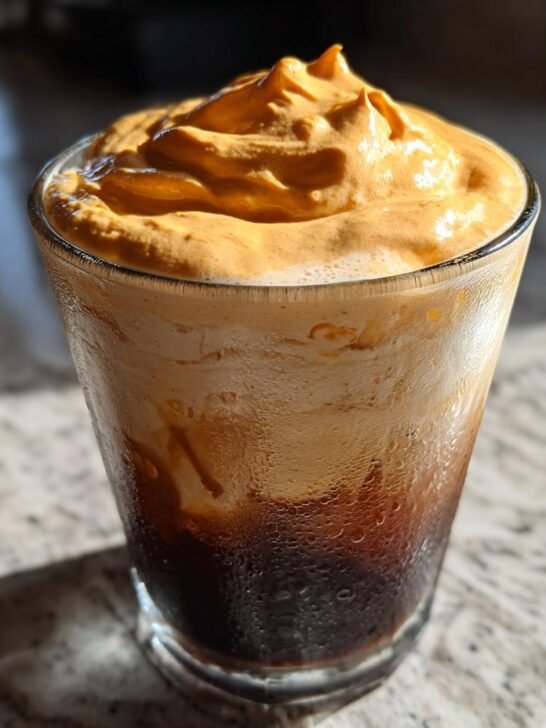 Close-up of an iced coffee topped with a thick swirl of orange Pumpkin Cold Foam Iced Coffee.