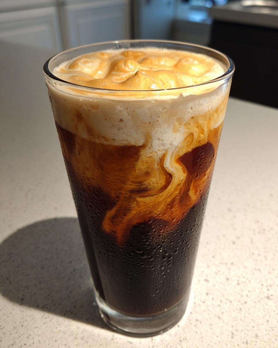 Close-up of Pumpkin Cold Foam Iced Coffee showing rich orange foam swirling into dark iced coffee.