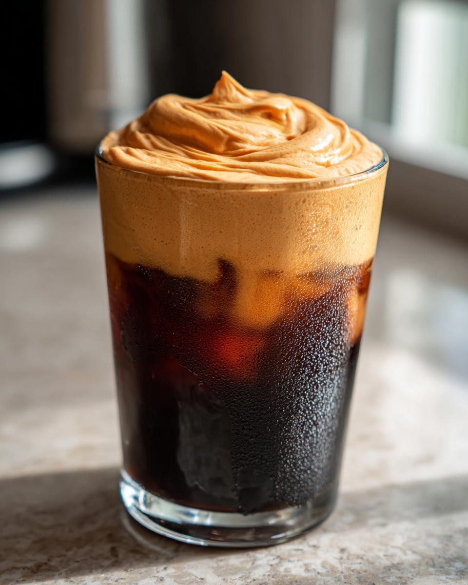 Close-up of iced coffee topped with a thick, swirled layer of orange Pumpkin Cold Foam.