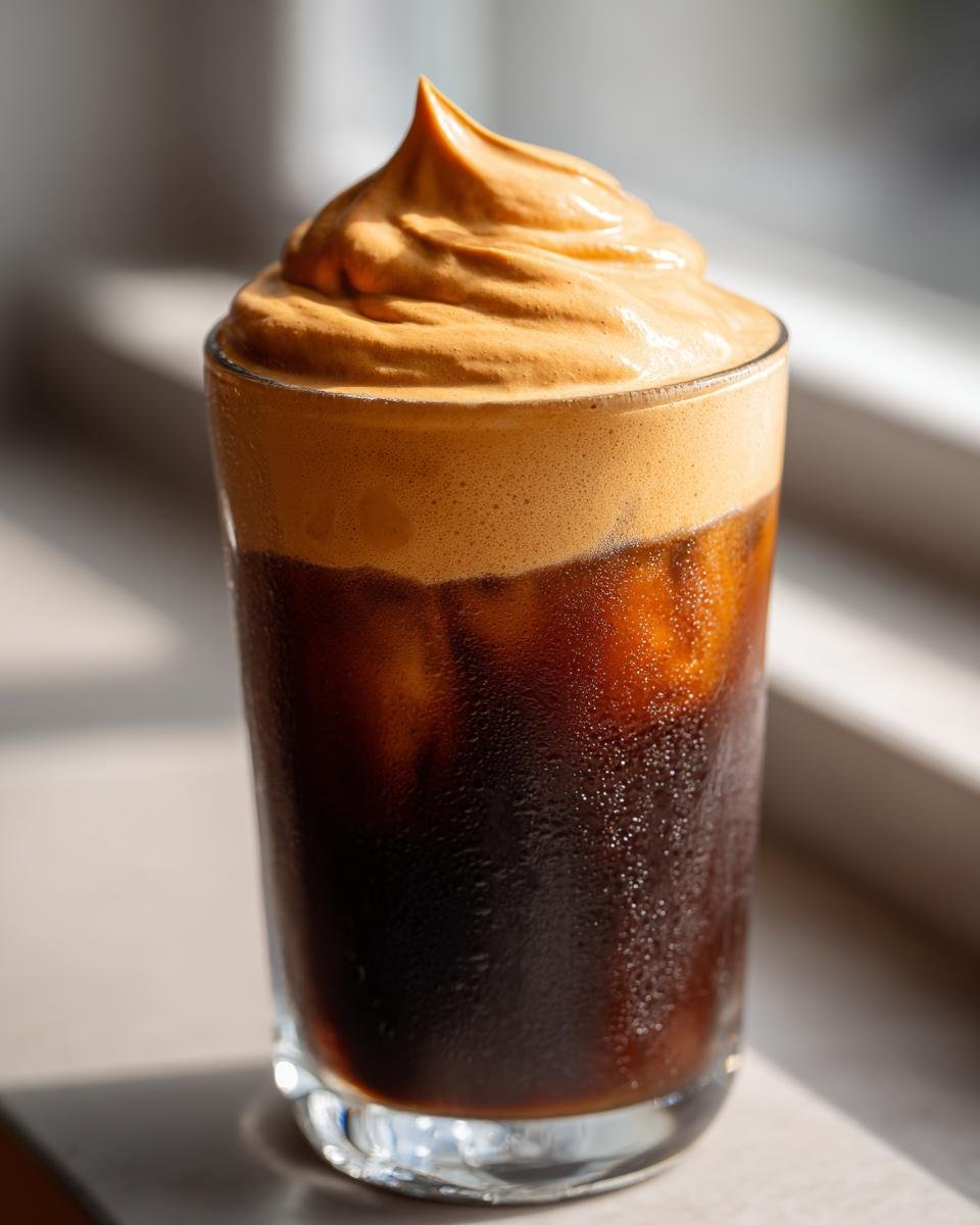 A tall glass of iced coffee topped with a perfectly swirled mound of orange Pumpkin Cold Foam.