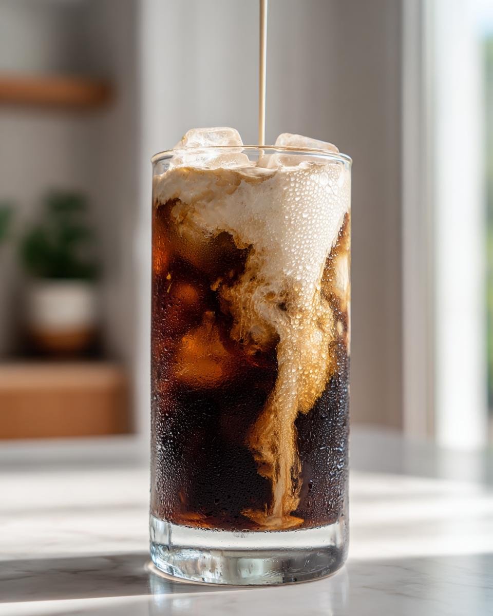 Close-up of cream being poured into a tall glass filled with ice and cold brew coffee for a Pumpkin Cream Cold Brew Latte.