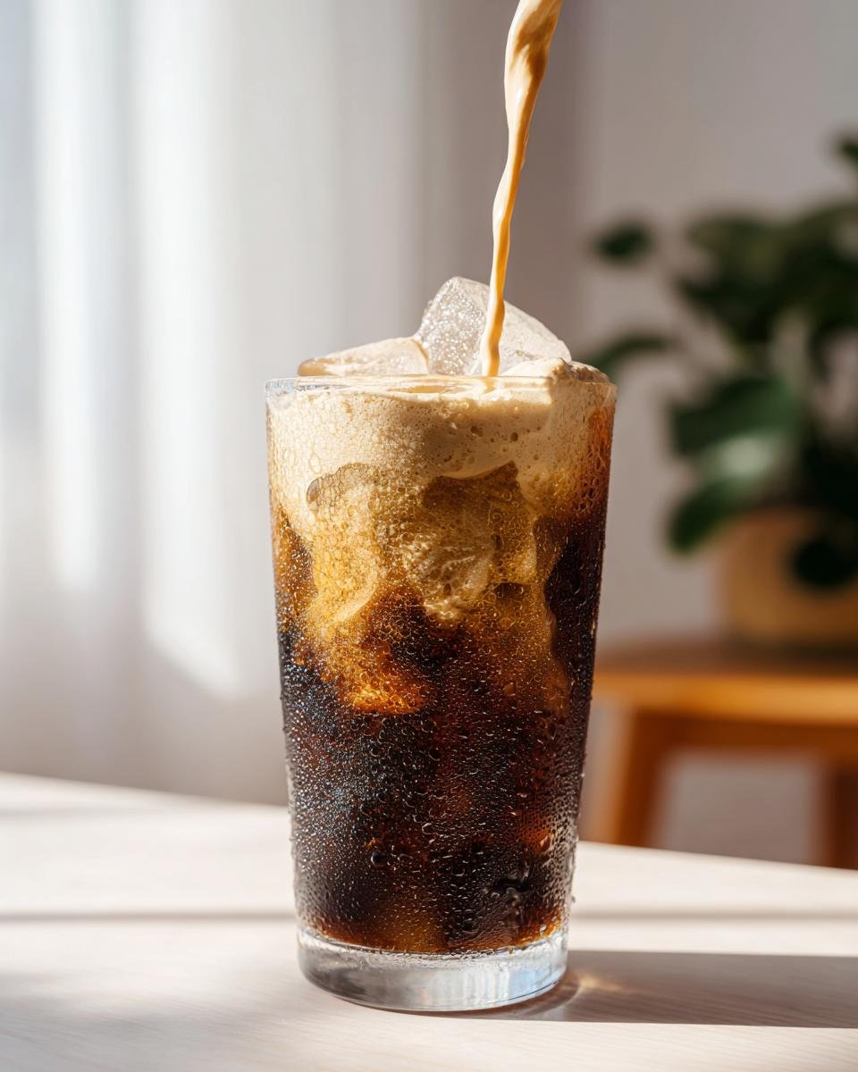 A stream of pumpkin cream is poured over ice and cold brew coffee to make a Pumpkin Cream Cold Brew Latte.