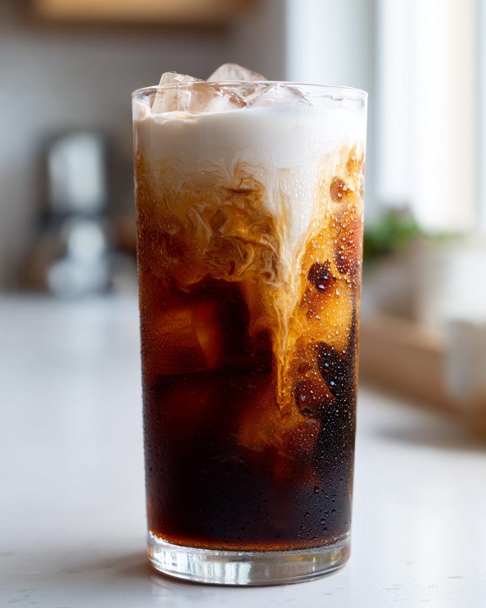 Close-up of a tall glass filled with Pumpkin Cream Cold Brew Latte, showing ice cubes and rich cream swirling into dark coffee.
