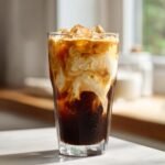 Close-up of a tall glass filled with ice, dark cold brew coffee, and creamy pumpkin cream swirling on top.