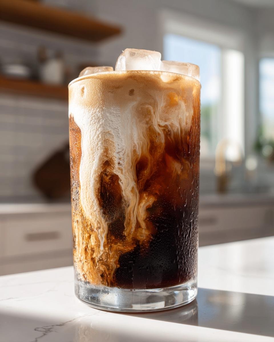 Close-up of a cold glass showing the rich swirl of cream mixing into dark cold brew coffee for a Pumpkin Cream Cold Brew Latte.
