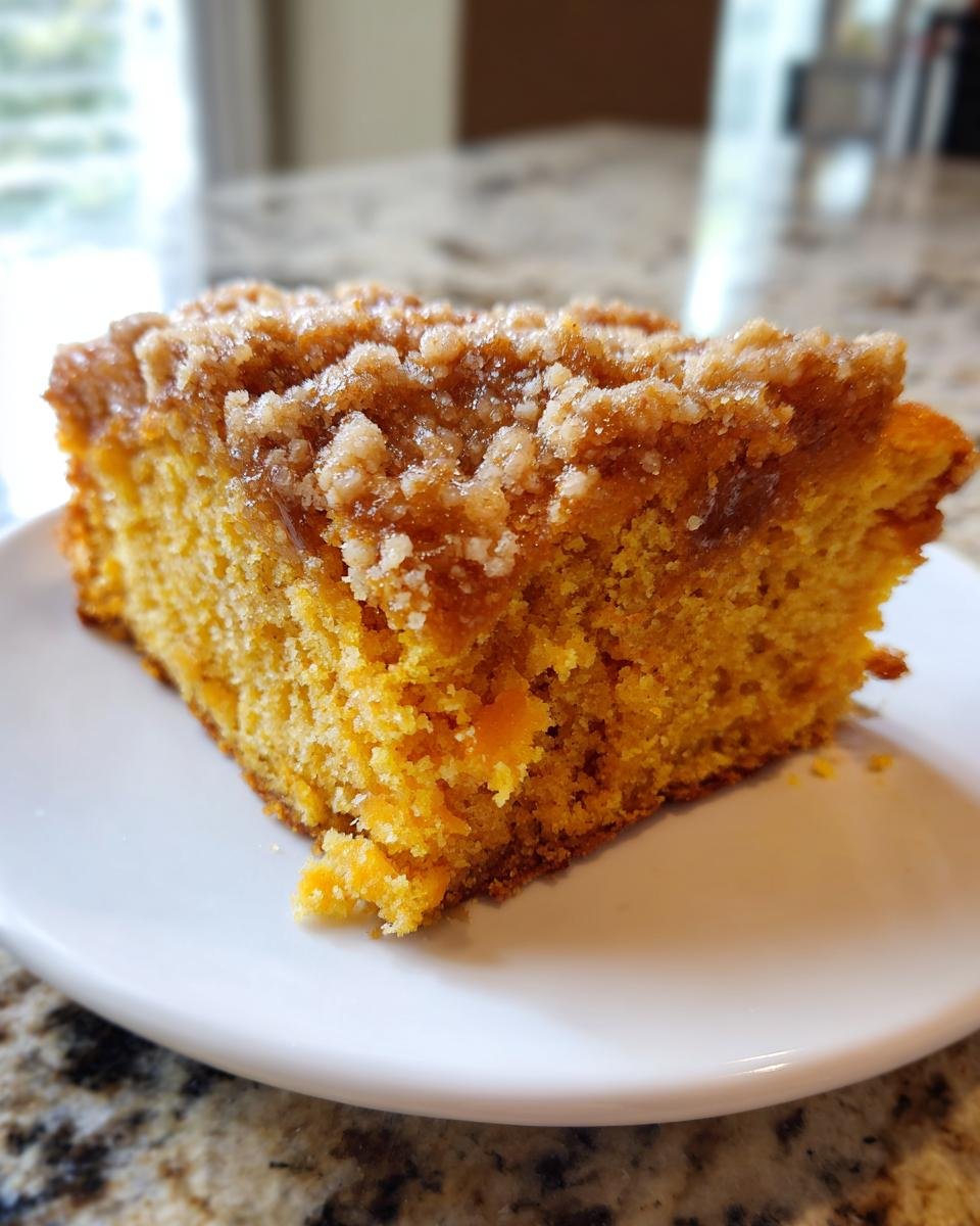 Close-up of a moist slice of Pumpkin Pecan Coffee Cake showing the orange crumb and thick, sugary streusel topping.