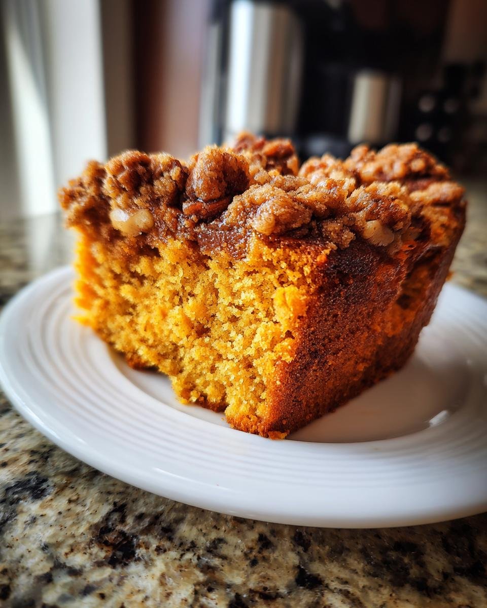 A close-up of a moist slice of Pumpkin Pecan Coffee Cake featuring a thick, crumbly streusel topping.