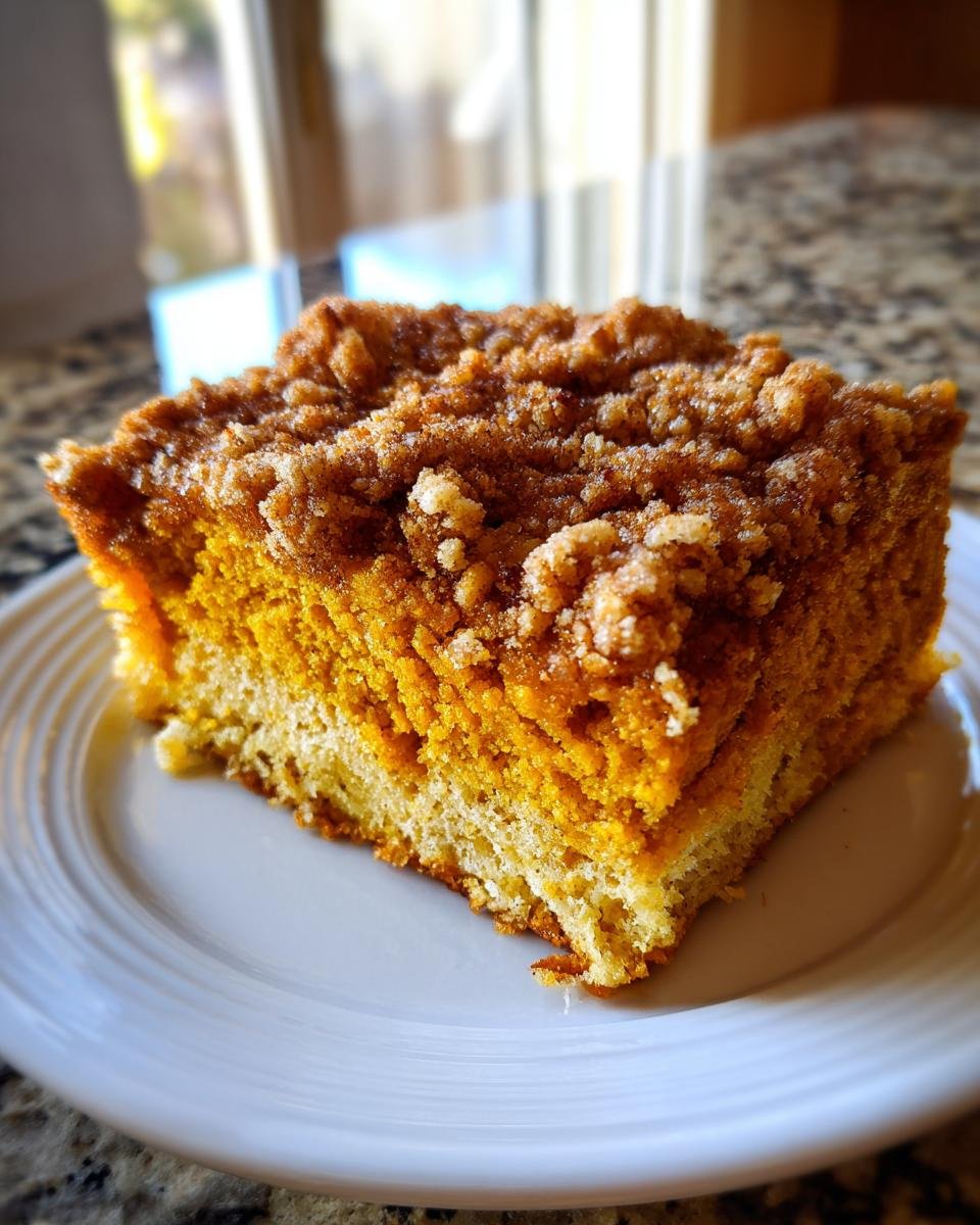 Close-up of a square slice of moist Pumpkin Pecan Coffee Cake with a thick, sugary crumb topping on a white plate.