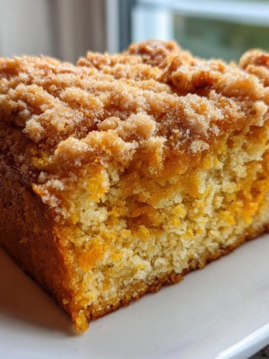 Close-up of a moist slice of Pumpkin Pecan Coffee Cake featuring a thick, sugary streusel topping.