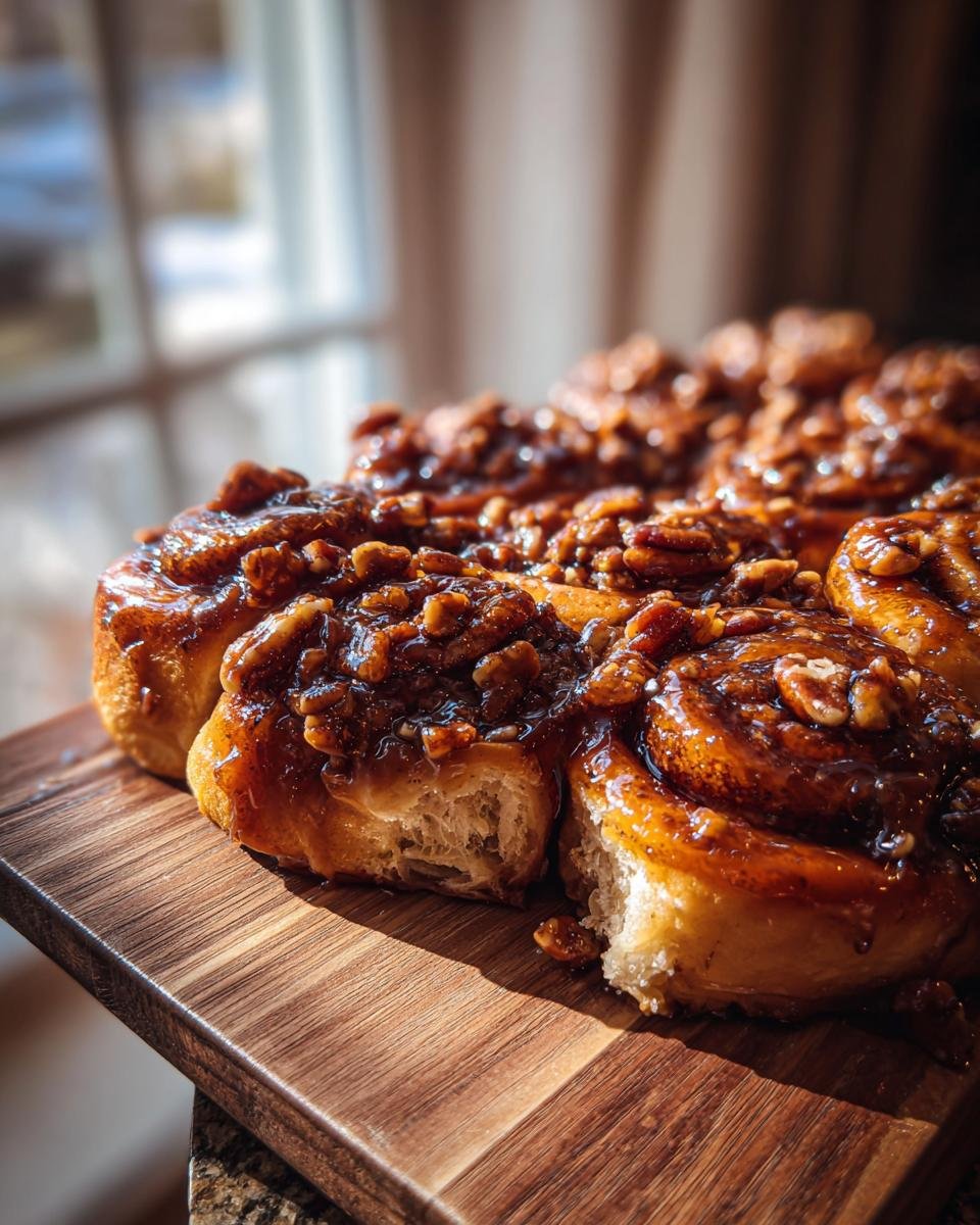 A close-up view of freshly baked Pumpkin Pecan Sticky Buns covered in a glossy caramel pecan topping.