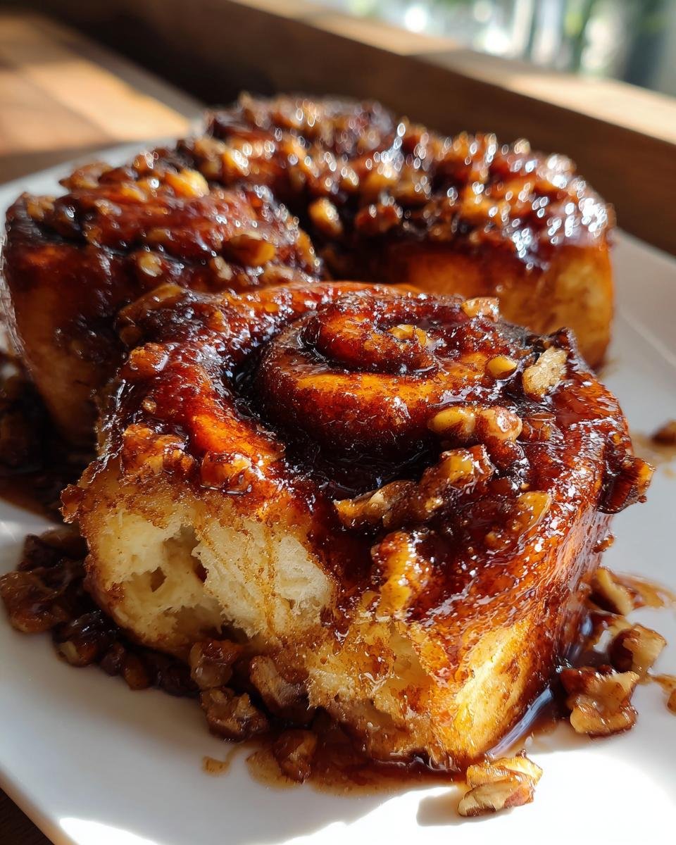 Close-up of two Pumpkin Pecan Sticky Buns covered in a dark, glossy caramel sauce and chopped pecans.