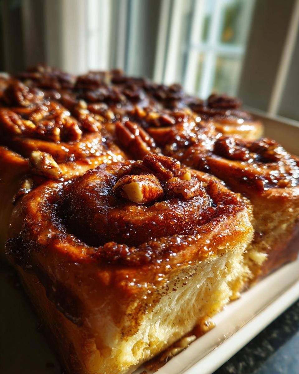 Close-up of freshly baked Pumpkin Pecan Sticky Buns covered in shiny caramel glaze and pecans.