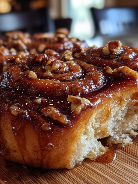 A close-up of a soft, gooey Pumpkin Pecan Sticky Bun covered in caramel glaze and chopped pecans, with a bite taken out.