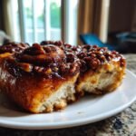 Close-up of two soft Pumpkin Pecan Sticky Buns covered in a thick, glossy caramel pecan topping on a white plate.