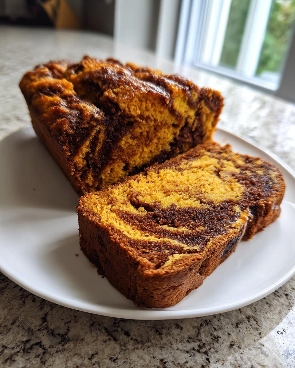 A loaf of Pumpkin Spice Cinnamon Swirl Bread sliced on a white plate, showing the orange pumpkin and dark cinnamon swirl.