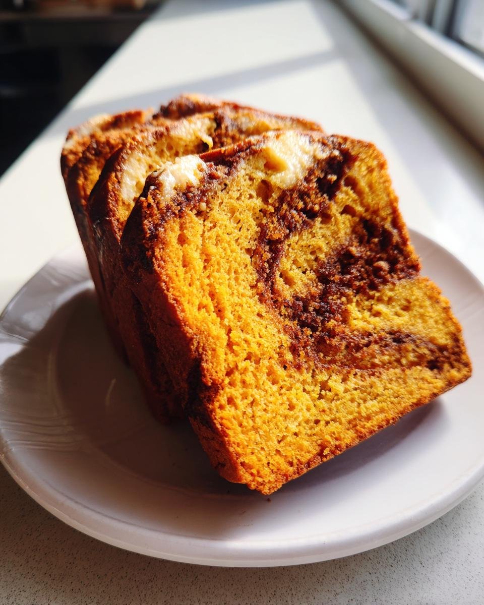 Three thick slices of moist Pumpkin Spice Cinnamon Swirl Bread showing the vibrant orange crumb and dark cinnamon swirl.