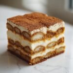 Close-up of a square slice of Pumpkin Spice Latte Tiramisu showing layers of soaked ladyfingers and cream, topped with cocoa powder.