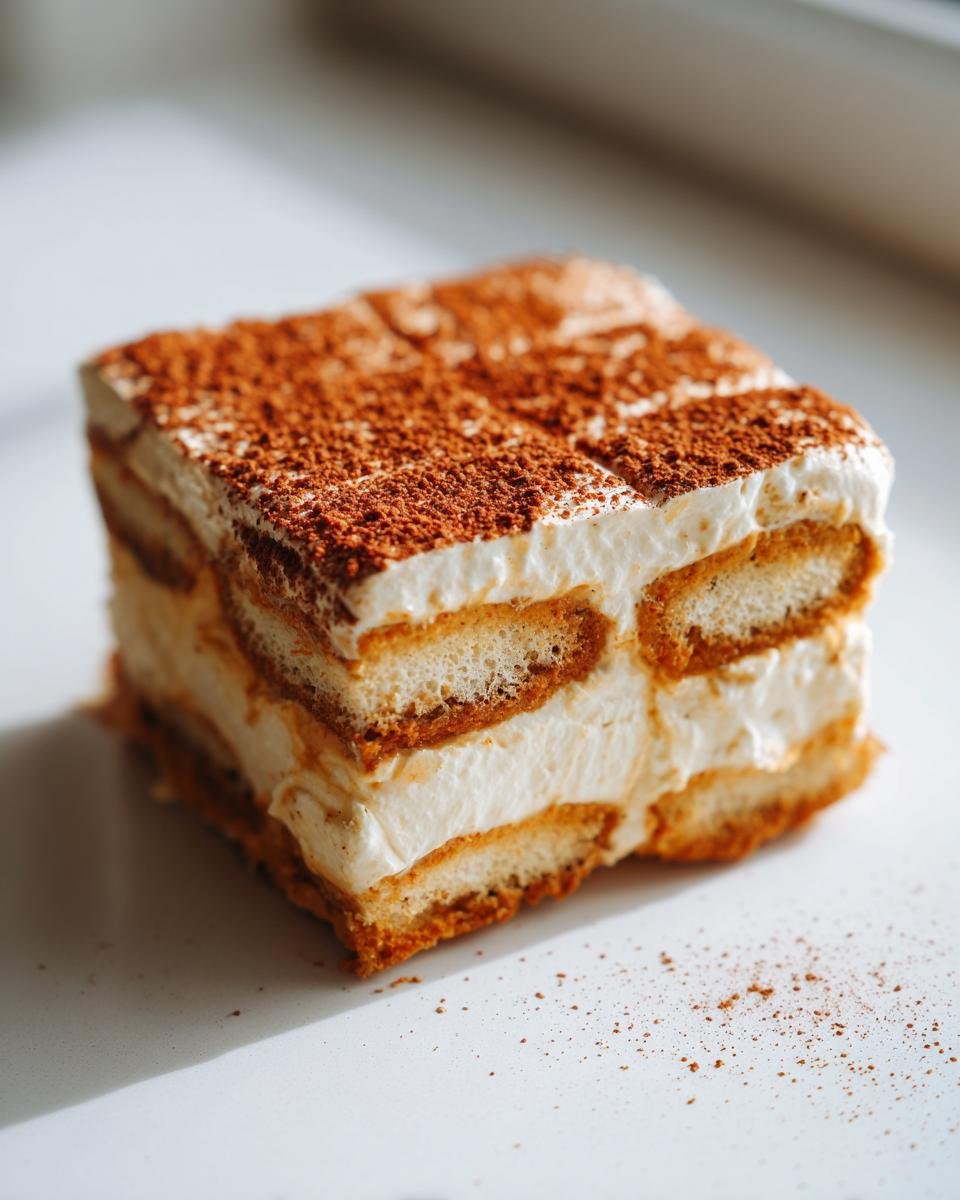 Close-up of a single serving of Pumpkin Spice Latte Tiramisu, showing layers of cream and soaked ladyfingers, dusted with cocoa.