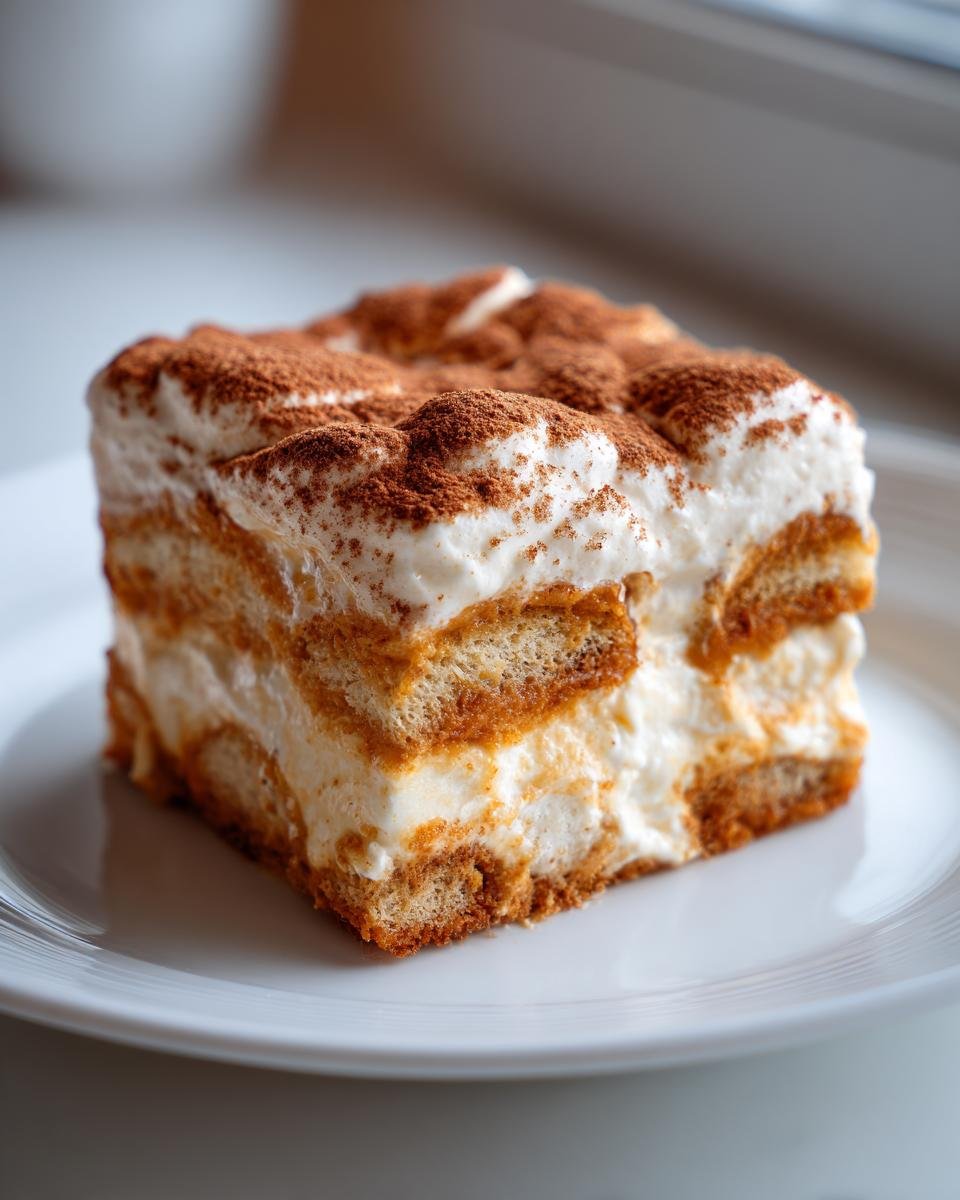 Close-up of a square slice of Pumpkin Spice Latte Tiramisu showing layers of cream and soaked ladyfingers, dusted with cocoa.