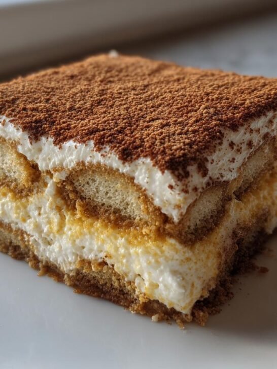 Close-up of a layered slice of Pumpkin Spice Latte Tiramisu dusted with cocoa powder.