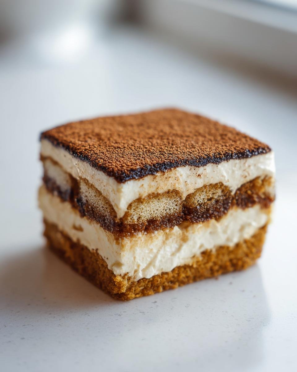 Close-up of a single square slice of Pumpkin Spice Latte Tiramisu showing layers of cream, soaked ladyfingers, and cocoa dusting.