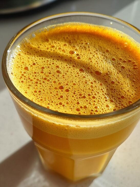 Close-up of a vibrant orange Pumpkin Spice Smoothie with a thick layer of foam on top, sitting in a glass.