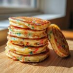 A tall stack of fluffy Quick Easy Funfetti Vegan Pancakes dotted with colorful sprinkles on a wooden board.