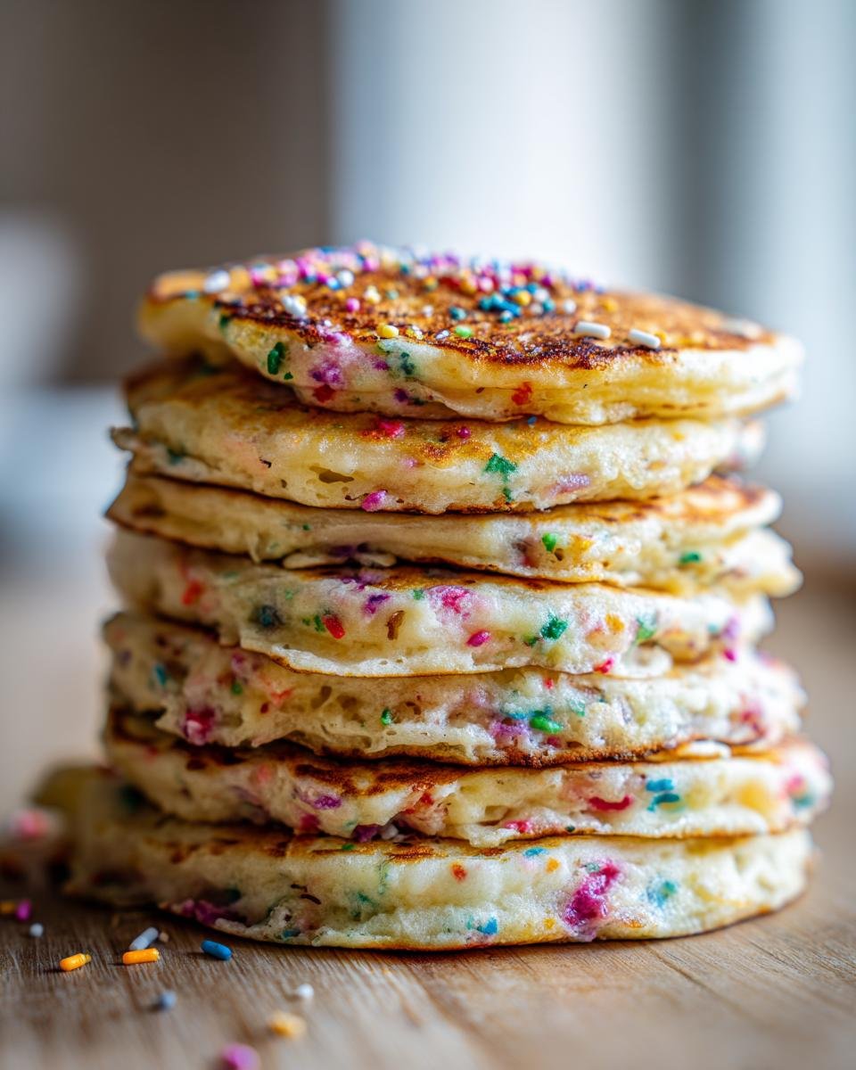 A tall stack of fluffy Quick Easy Funfetti Vegan Pancakes topped with colorful sprinkles on a wooden surface.