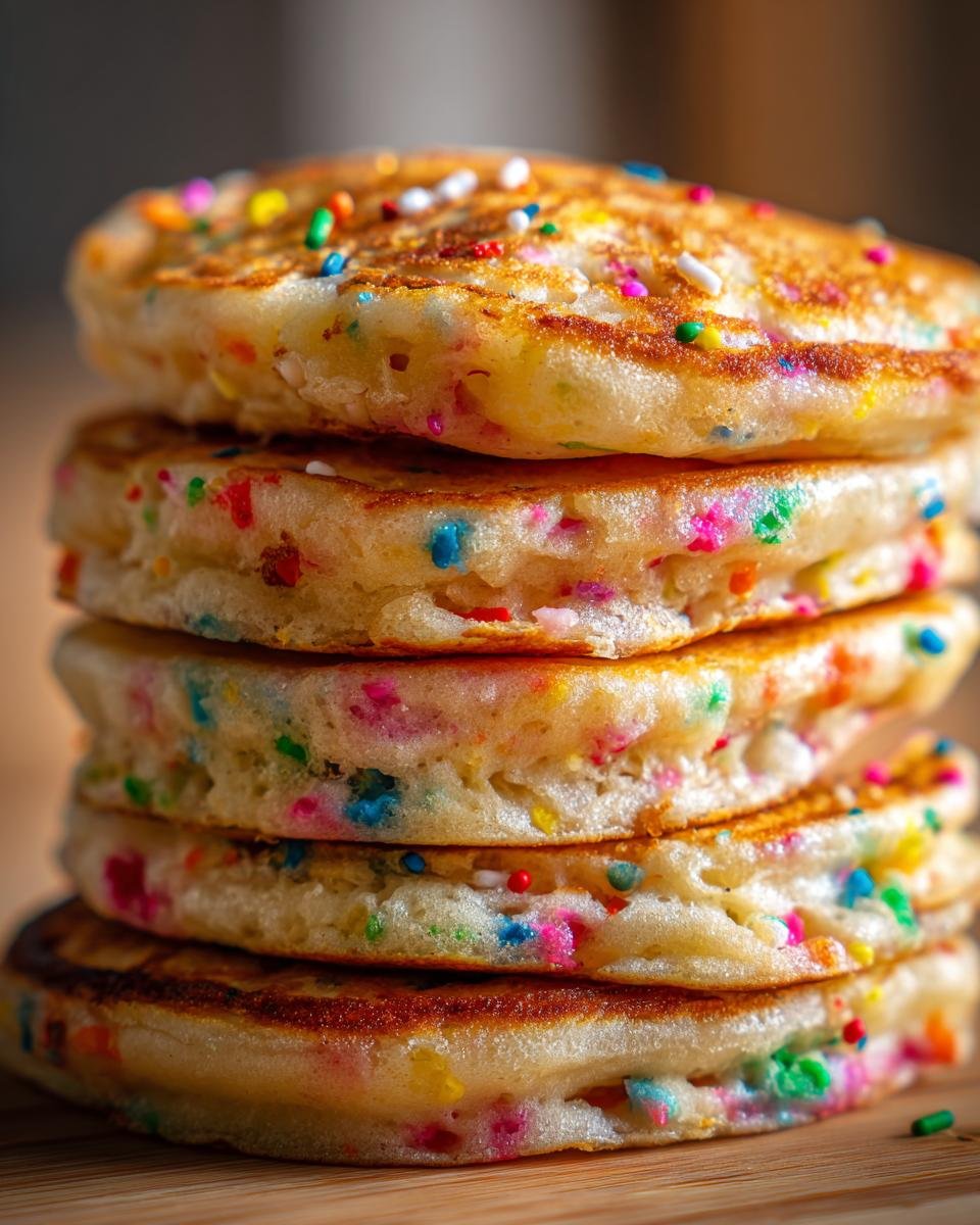 A tall stack of fluffy Quick Easy Funfetti Vegan Pancakes loaded with colorful sprinkles.