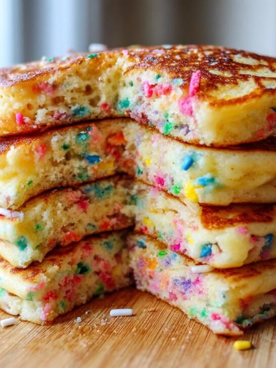 A tall stack of fluffy Quick Easy Funfetti Vegan Pancakes, cut to show colorful sprinkles inside.