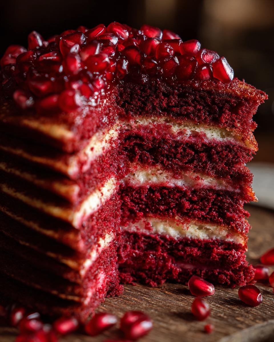 Close-up of a decadent slice of layered Red Velvet Pancakes Pomegranate cake with cream filling and topped with fresh pomegranate seeds.