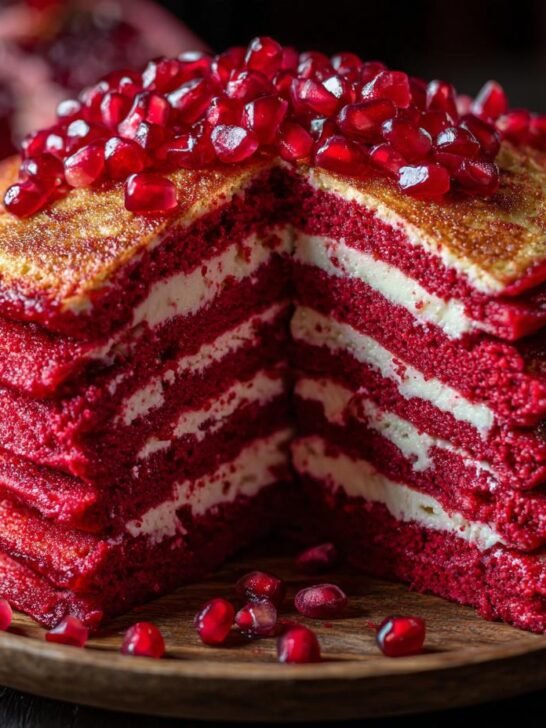 A tall stack of vibrant Red Velvet Pancakes Pomegranate layered with white cream, topped with fresh pomegranate seeds.