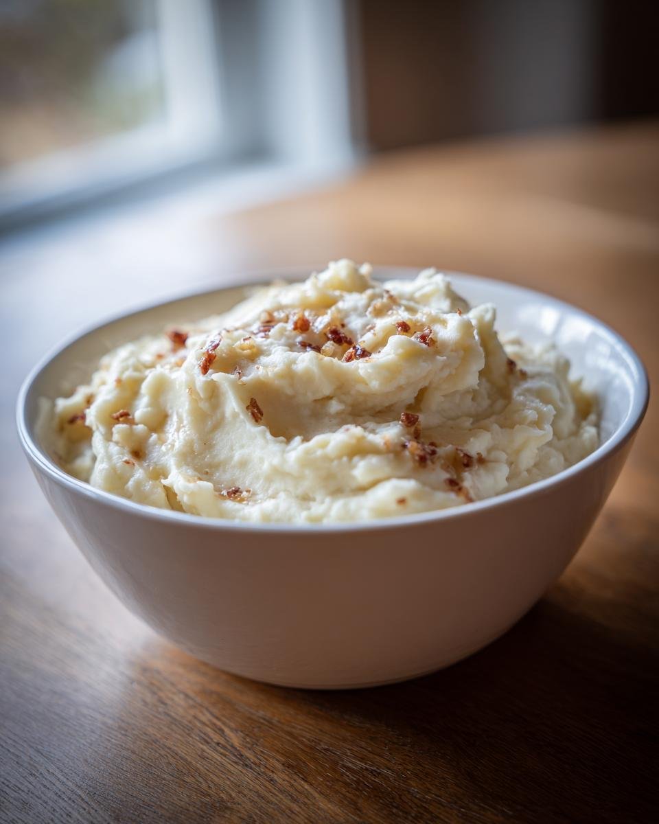 A white bowl filled with creamy Roasted Garlic Mashed Potatoes topped with browned bits.