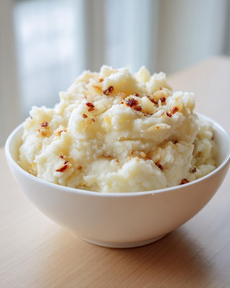 A generous serving of fluffy Roasted Garlic Mashed Potatoes topped with browned garlic bits in a white bowl.